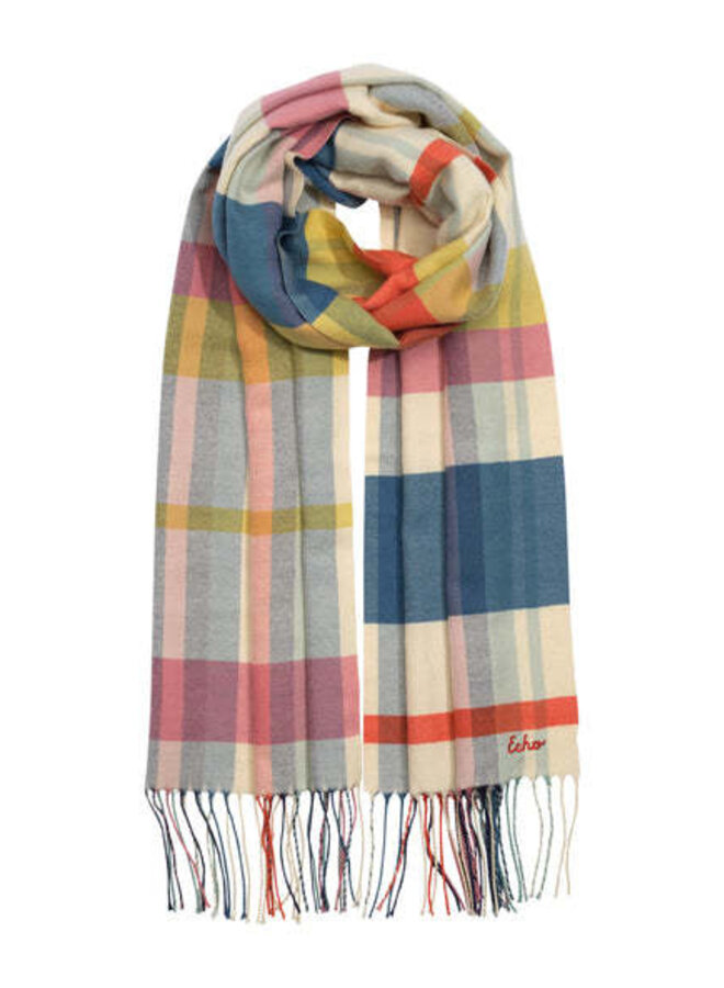 Foulard Echo à carreaux rose pommette, bleus & jaunes
