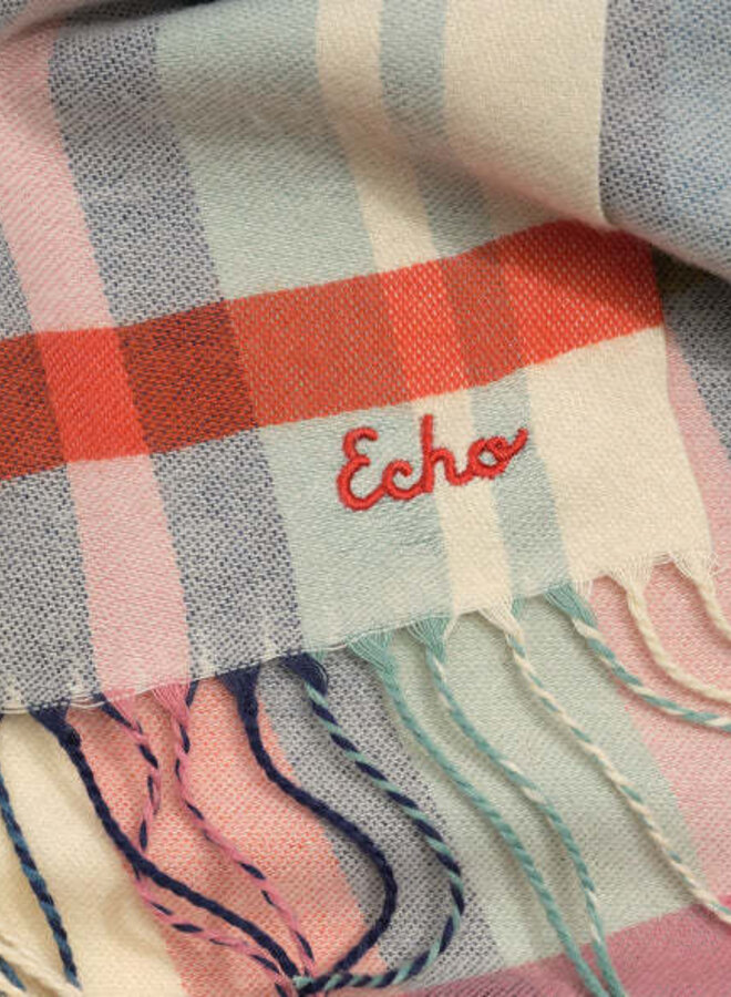 Foulard Echo à carreaux rose pommette, bleus & jaunes