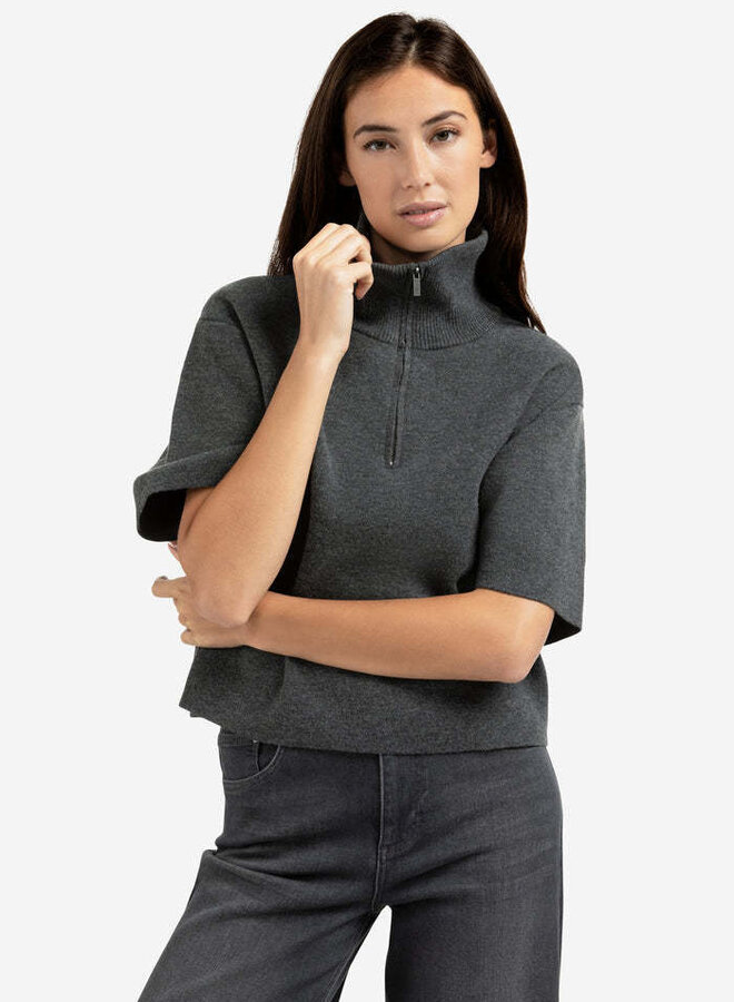 Tricot Yaya à col montant à zip à manches courtes gris charcoal