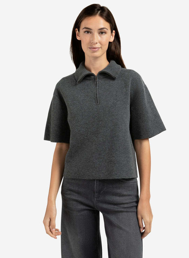 Tricot Yaya à col montant à zip à manches courtes gris charcoal