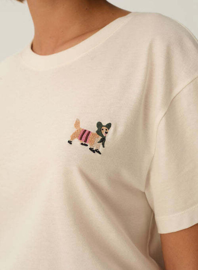T-shirt Des Petits Hauts Fantine écru avec chien brodé