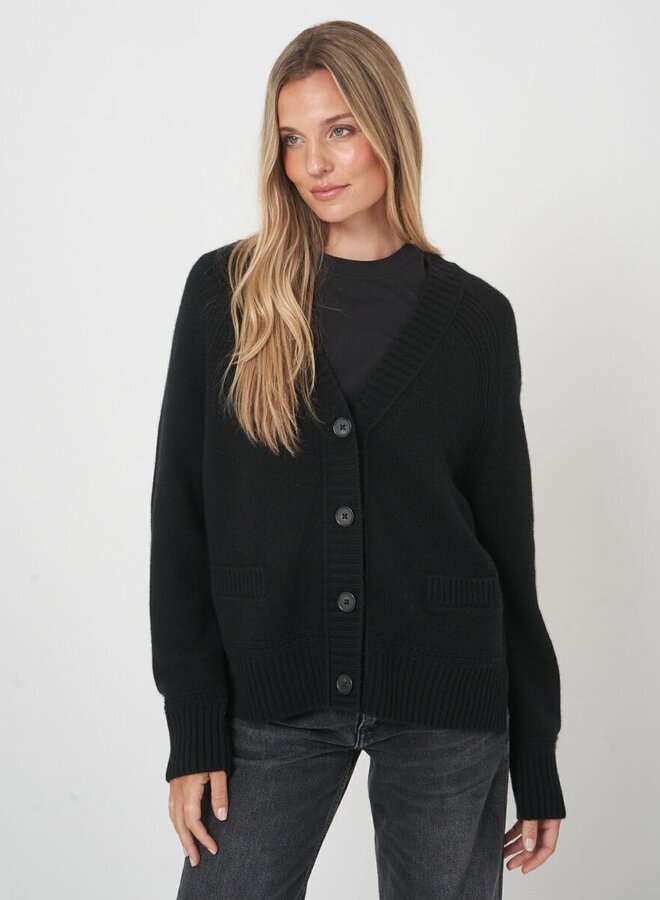 Cardigan Repeat à col V boutonné à 2 poches noir