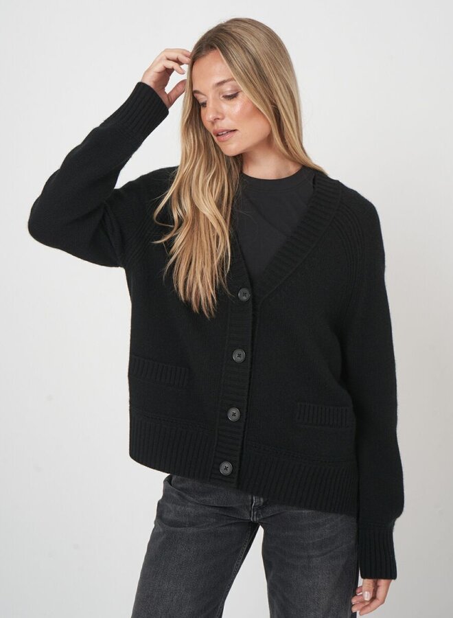 Cardigan Repeat à col V boutonné à 2 poches noir