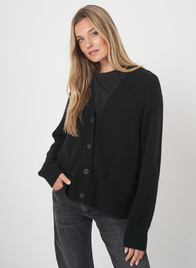 Cardigan Repeat à col V boutonné à 2 poches noir