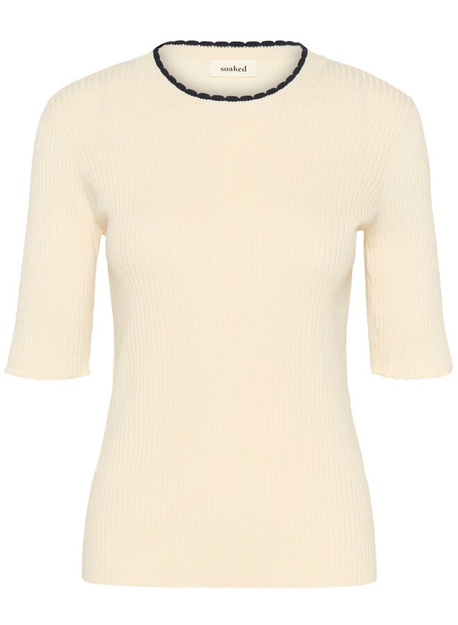 Tricot Soaked Lysandra écru à col rond contraste bleu marine