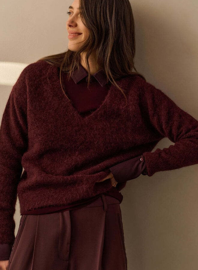 Tricot Yaya à col V prune foncée