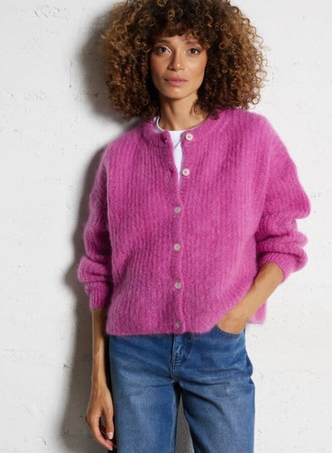 Cardigan Des Petits Hauts Alma à col rond boutonné framboise