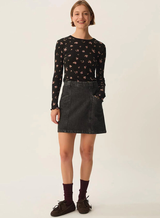 Chandail Des Petits Hauts Kali noir fleuri rose poudre & vert jardin