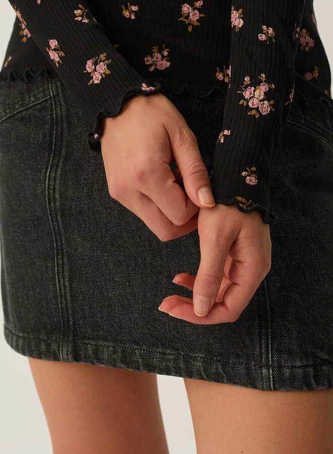 Chandail Des Petits Hauts Kali noir fleuri rose poudre & vert jardin