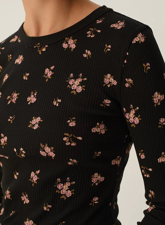 Chandail Des Petits Hauts Kali noir fleuri rose poudre & vert jardin