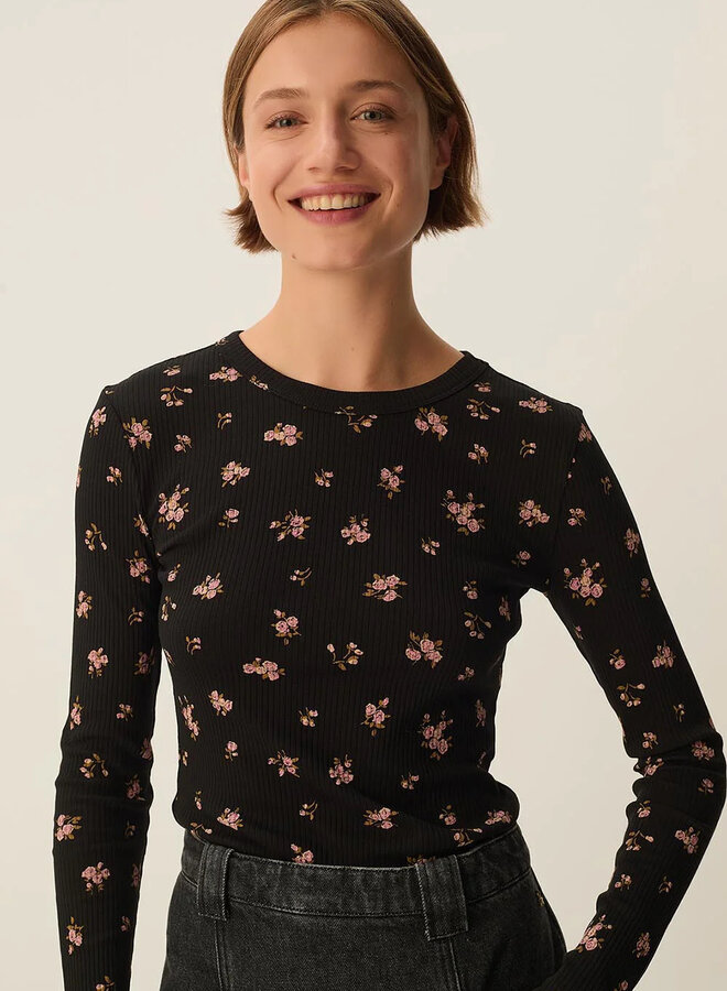 Chandail Des Petits Hauts Kali noir fleuri rose poudre & vert jardin