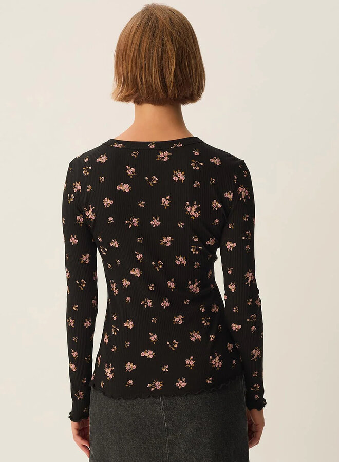 Chandail Des Petits Hauts Kali noir fleuri rose poudre & vert jardin