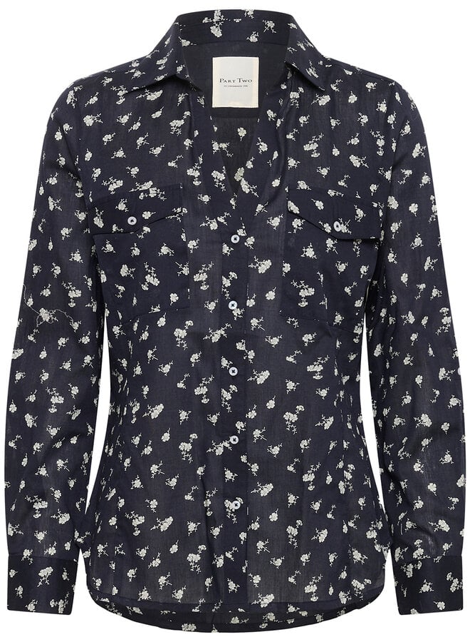 Chemise Part Two Cortnio à col classique bleu marine fleurie écrue