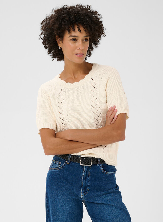 Tricot Part Two Anisette à manches courtes à mailles chevrons ajourées écru