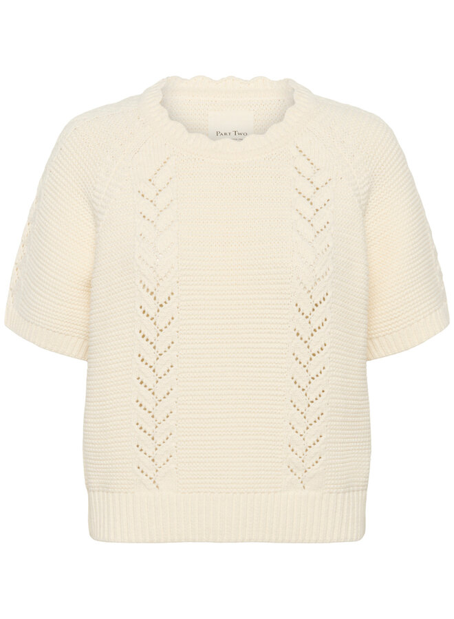 Tricot Part Two Anisette à manches courtes à mailles chevrons ajourées écru