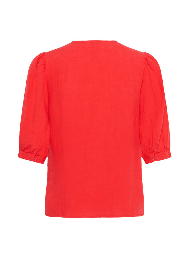 Blouse Part Two Azra à col rond boutonné en lin rouge poppy