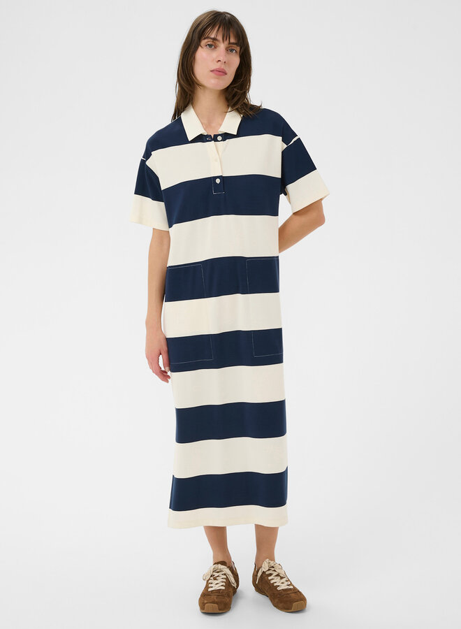 Robe longue Part Two Alise à col polo rayée bleu marine & écrue