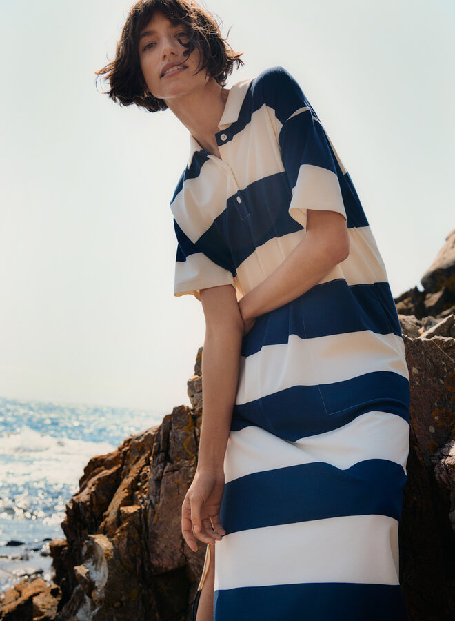 Robe longue Part Two Alise à col polo rayée bleu marine & écrue