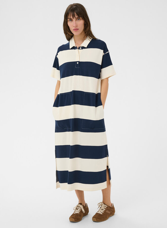 Robe longue Part Two Alise à col polo rayée bleu marine & écrue