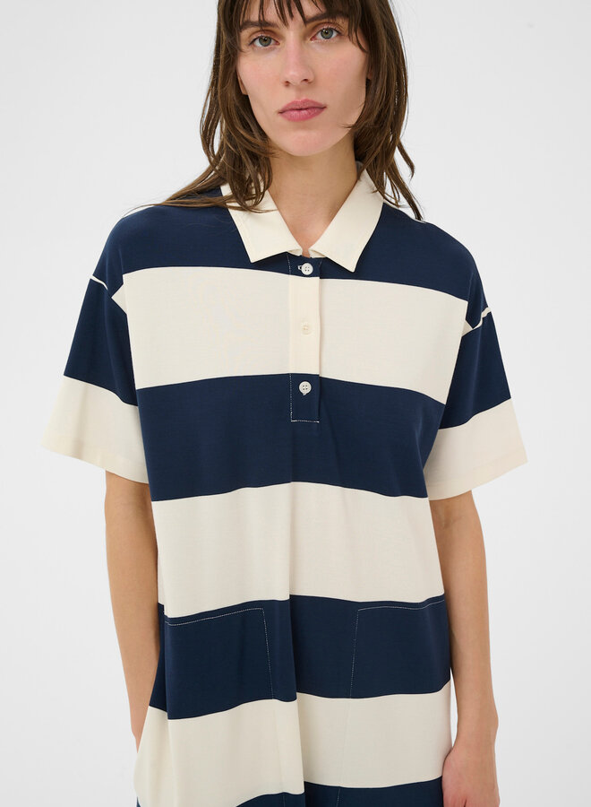 Robe longue Part Two Alise à col polo rayée bleu marine & écrue