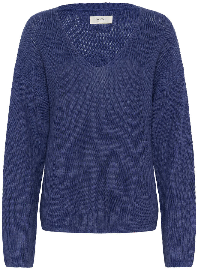 Tricot Part Two Etronas à col V en lin bleu indigo