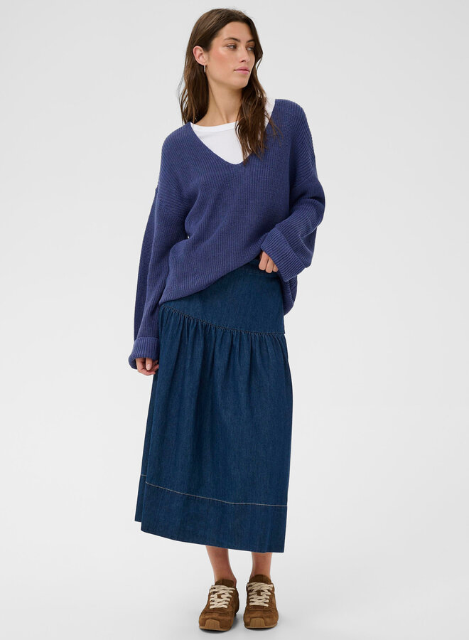 Tricot Part Two Etronas à col V en lin bleu indigo