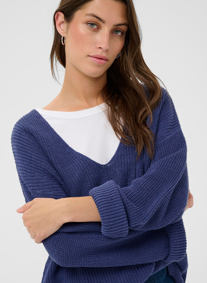 Tricot Part Two Etronas à col V en lin bleu indigo