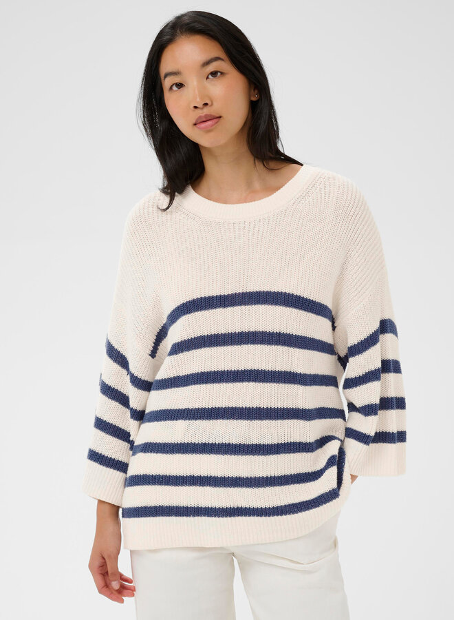 Tricot Part Two Aliza en lin écru rayé bleu indigo