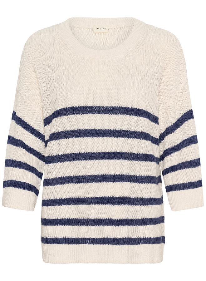 Tricot Part Two Aliza en lin écru rayé bleu indigo