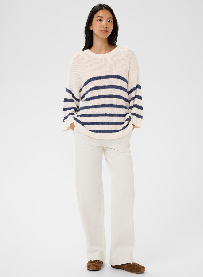 Tricot Part Two Aliza en lin écru rayé bleu indigo