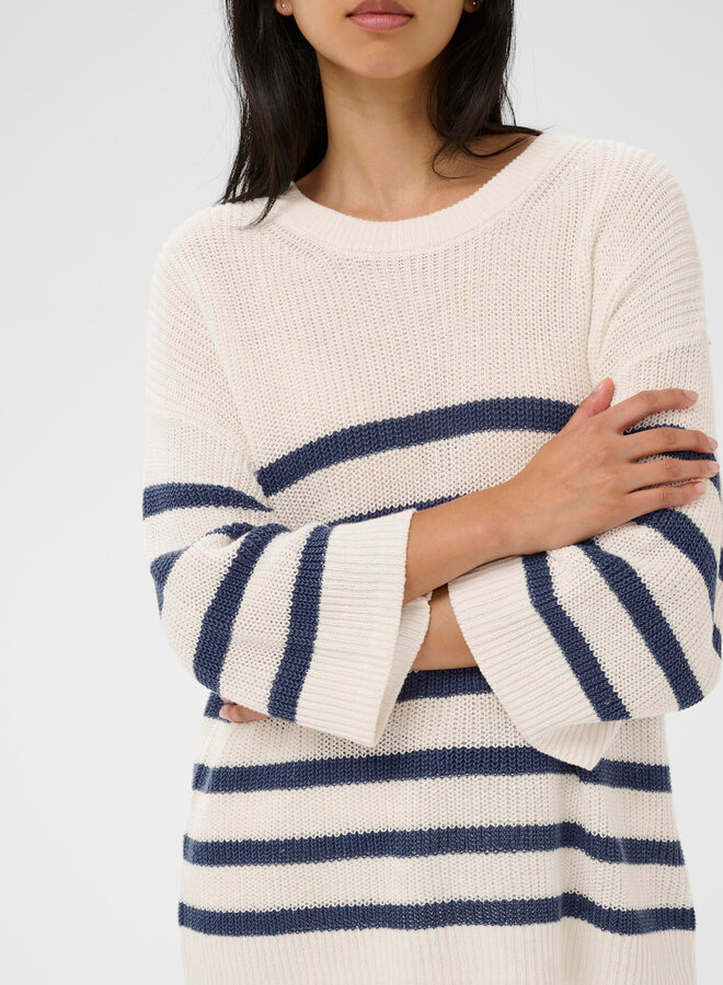 Tricot Part Two Aliza en lin écru rayé bleu indigo