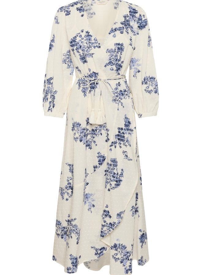 Robe longue Part Two Alya cache-coeur blanc cassé imprimée bleu indigo