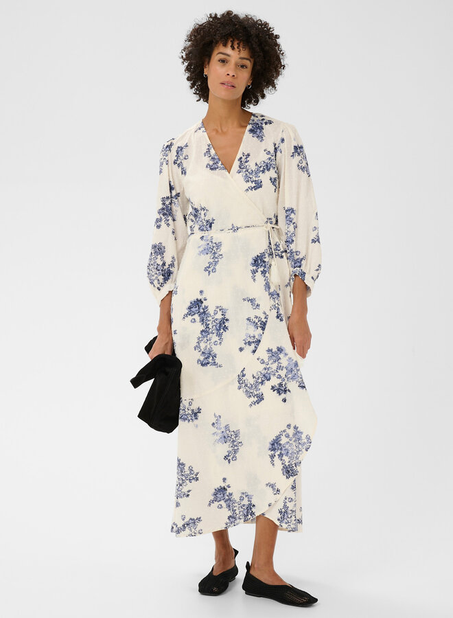 Robe longue Part Two Alya cache-coeur blanc cassé imprimée bleu indigo