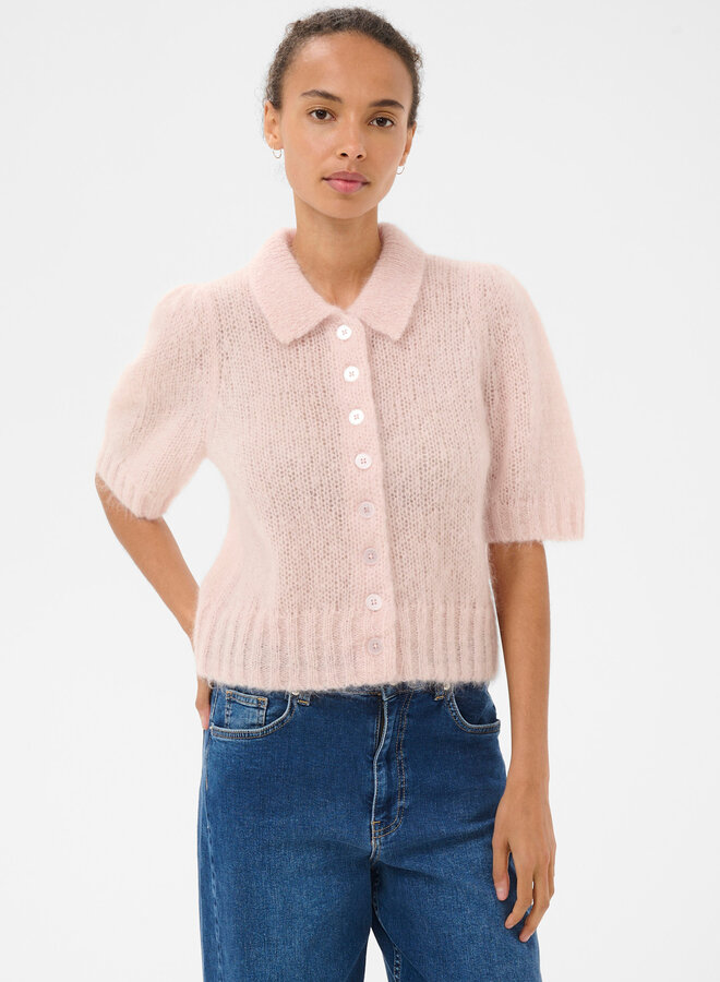 Cardigan Part Two Vernon à col classique boutonné & manches courtes en mohair rose pâle