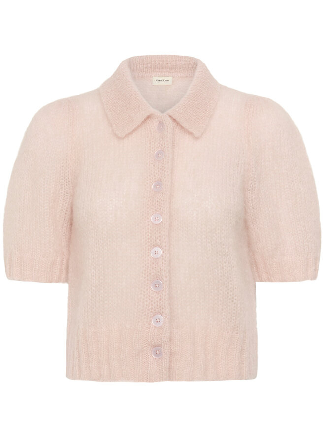 Cardigan Part Two Vernon à col classique boutonné & manches courtes en mohair rose pâle