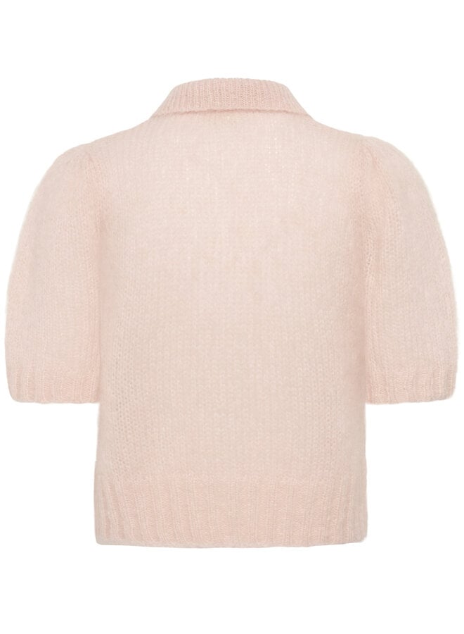 Cardigan Part Two Vernon à col classique boutonné & manches courtes en mohair rose pâle