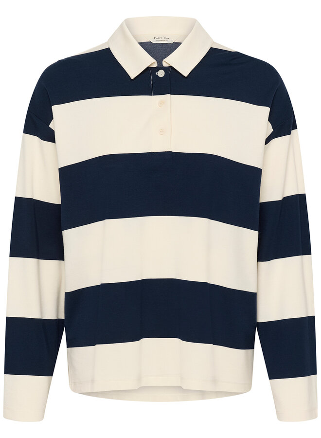 Polo Part Two Amari  à manches longues rayé bleu marine & écru