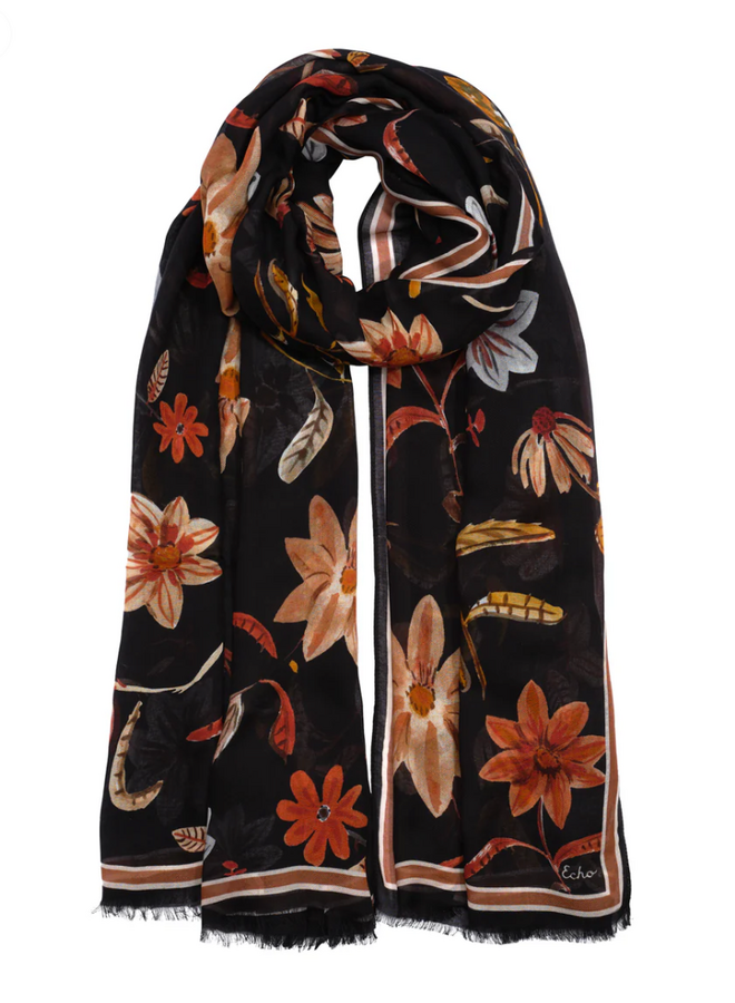 Foulard Echo noir fleuri orange brûlé