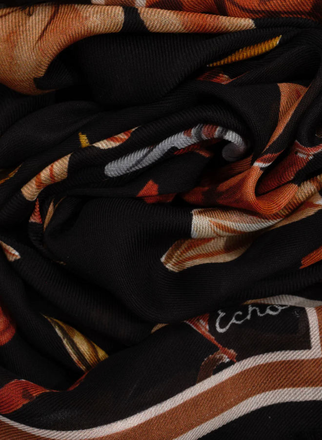 Foulard Echo noir fleuri orange brûlé