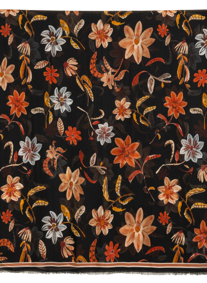 Foulard Echo noir fleuri orange brûlé