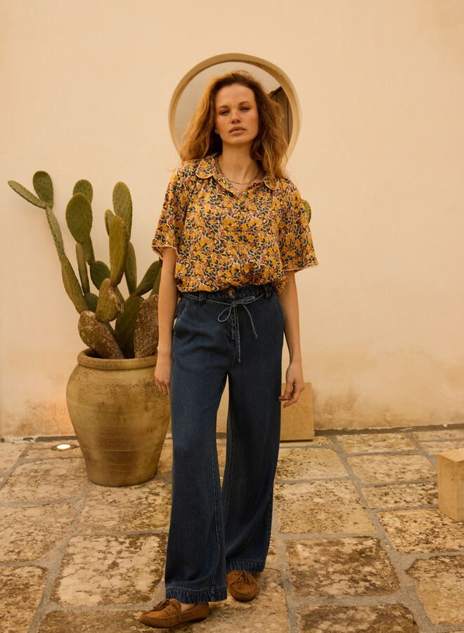 Blouse Atelier Rêve Paula à col crocheté fleurie jaune multi