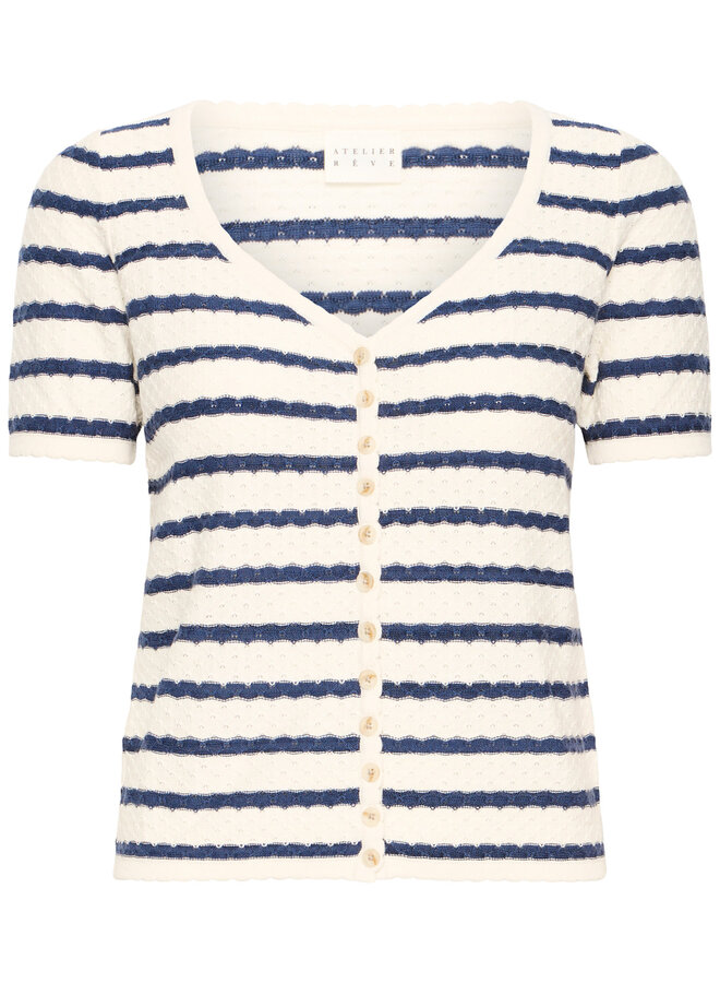 Tricot Atelier Rêve Vilma à manches courtes écru rayé bleu indigo