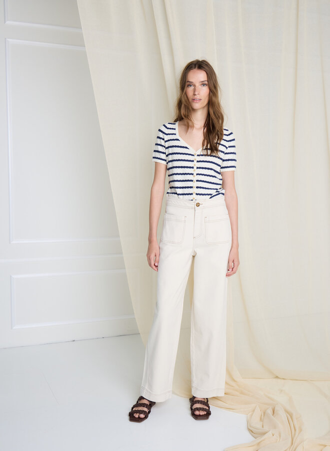 Tricot Atelier Rêve Vilma à manches courtes écru rayé bleu indigo