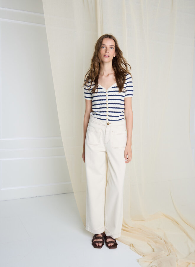 Tricot Atelier Rêve Vilma à manches courtes écru rayé bleu indigo