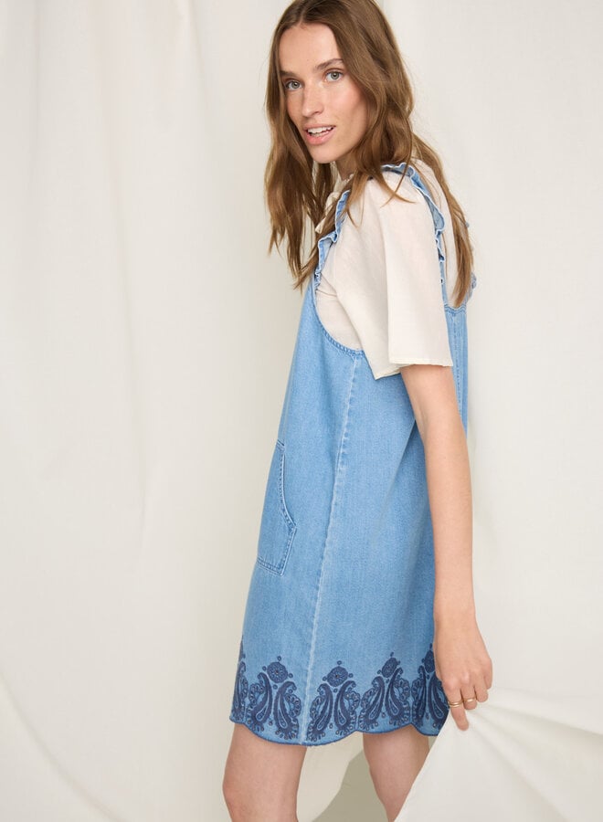 Robe salopette Atelier Rêve Harmony en denim à broderies bleu marine