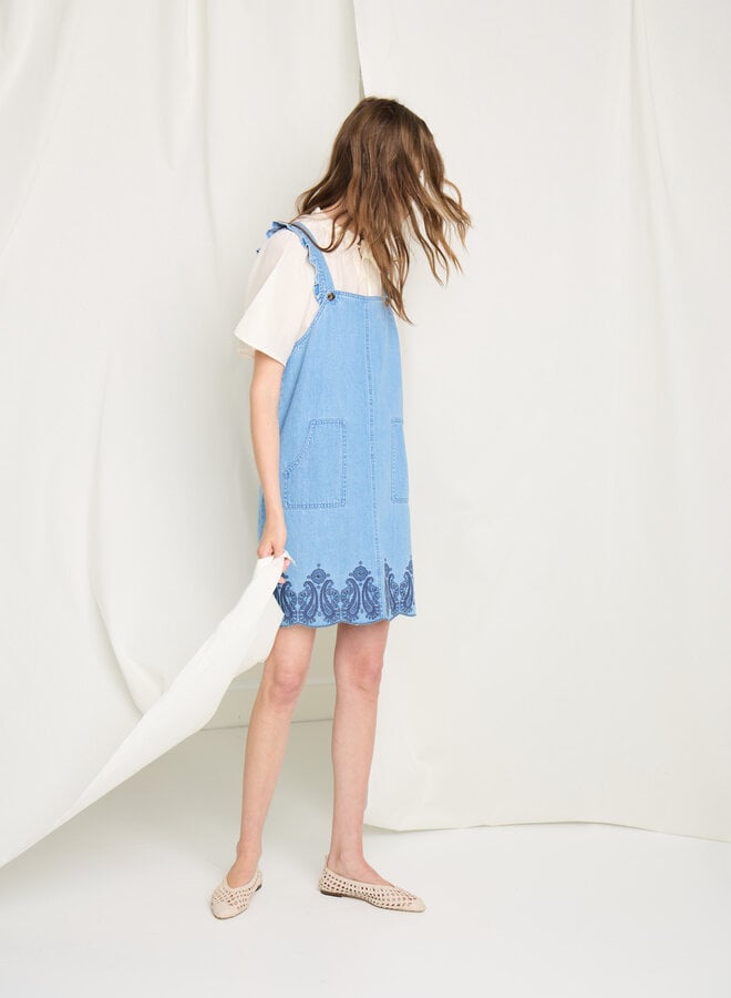 Robe salopette Atelier Rêve Harmony en denim à broderies bleu marine