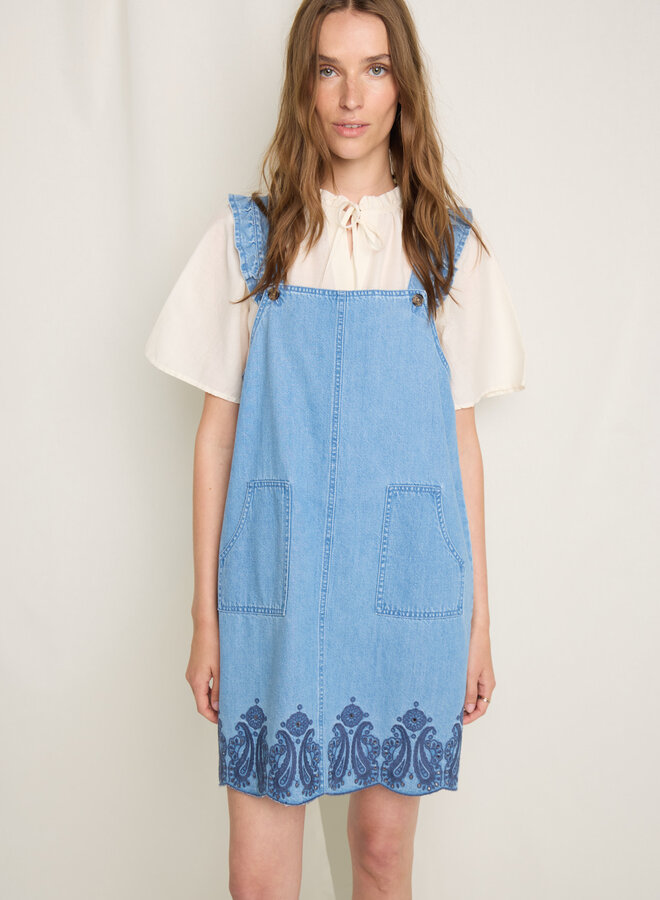Robe salopette Atelier Rêve Harmony en denim à broderies bleu marine