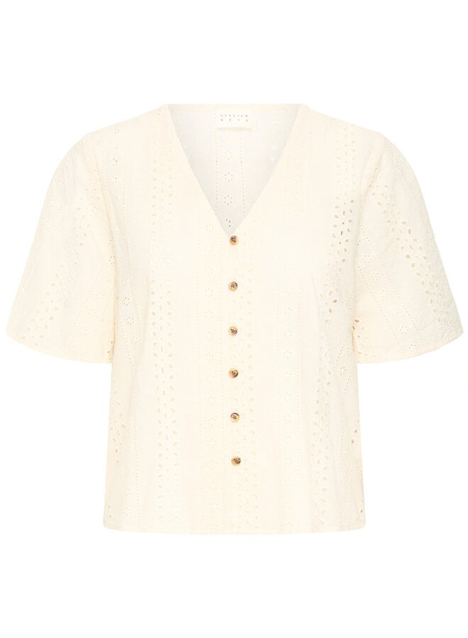Blouse Atelier Rêve Can à col V boutonnée en broderies anglaises écrue