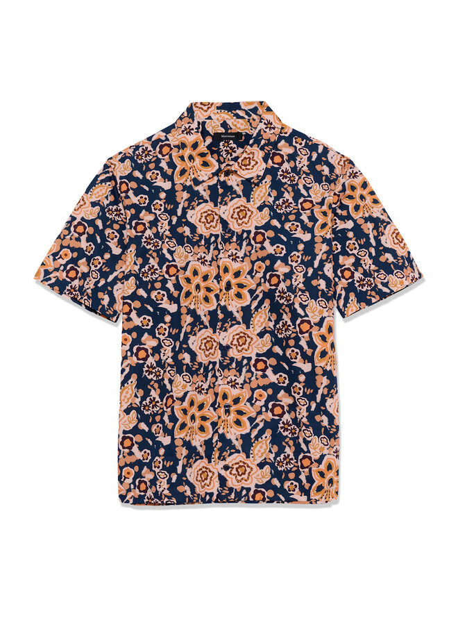 Chemise Matinique Floss à manches courtes fleurie bleu marine & orange multi