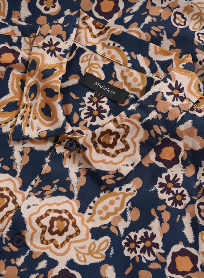 Chemise Matinique Floss à manches courtes fleurie bleu marine & orange multi